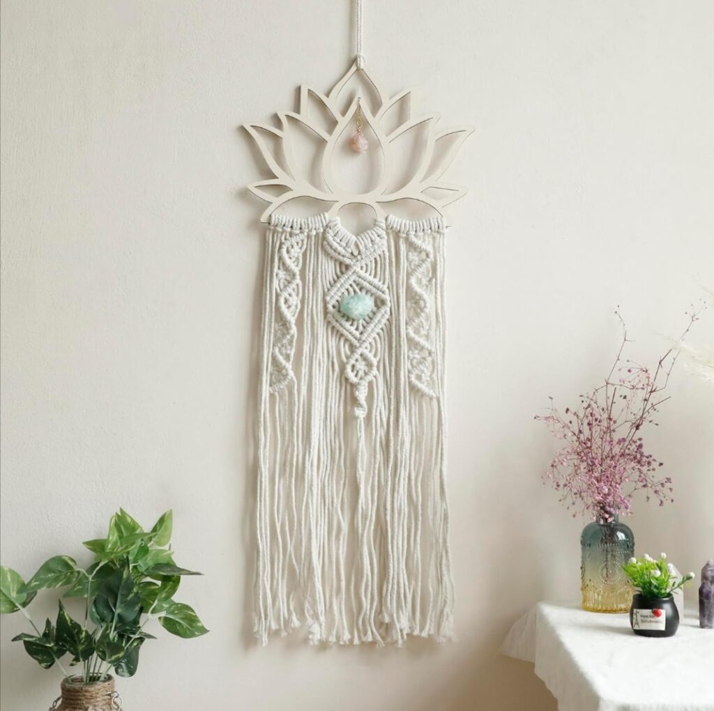 Macrame wall decor with lotus crystal design. Boho gift ideas for yogis, boho interior design gift ideas, boho interior design style, macrame wall hanging, macrame wall art